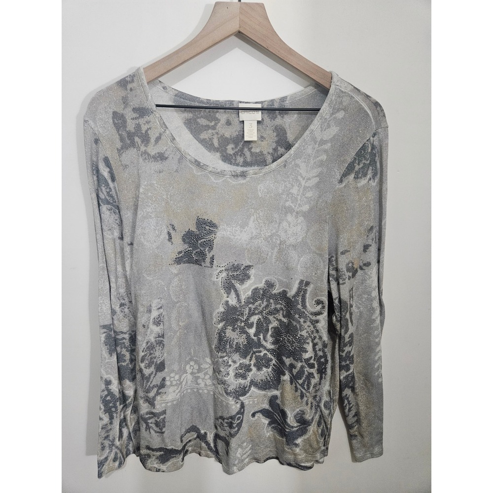 Chicos Metallic Silver Floral Paisley Rhinestone Knit Top Size 3 XL Long Sleeve